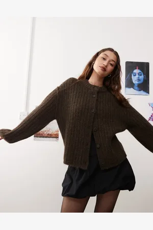Weekday Alika chunky wool blend cardigan in dark mole