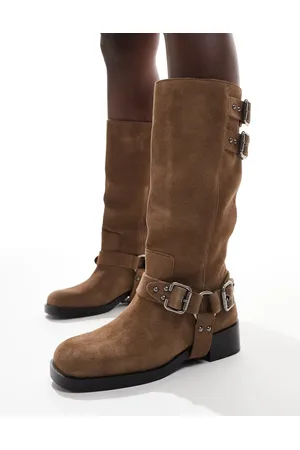 Stradivarius Leather biker boot in beige