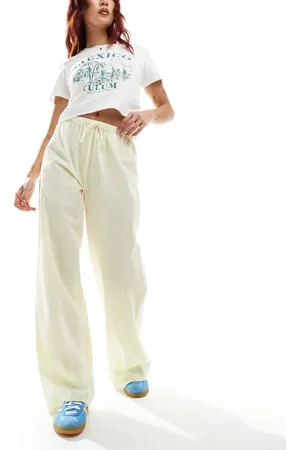 ASOS Linen blend pull on wide leg trouser in lemon