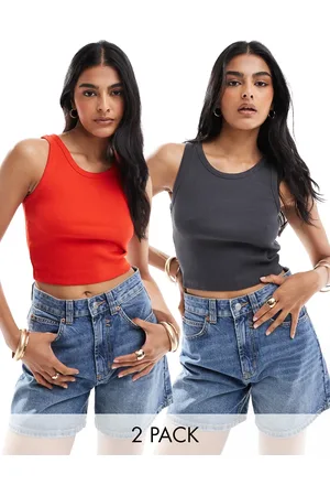 JJXX 2 pack cropped ribbed vests in grey and red