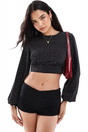 Pimkie Puff sleeve open tie back cropped blouse in polka dot