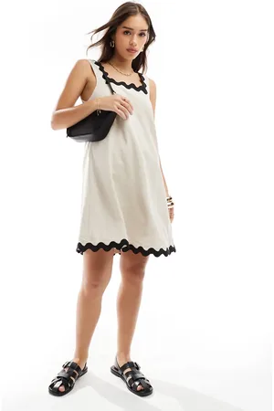 Object Linen blend a line mini dress with wavy trim in beige