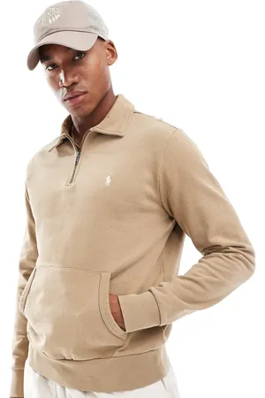 Ralph Lauren Icon logo loopback terry half zip rugby sweatshirt in khaki tan