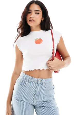 Miss Selfridge Baby tee with peach embroidery and lettuce edge