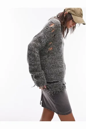 Topshop Knitted oversized distressed jumper in khaki melange