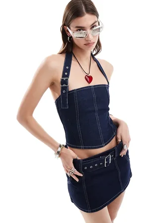 Pull&Bear Buckle detail halterneck denim corset co-ord in indigo