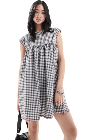 COLLUSION Smock dress in check with contrast stitch
