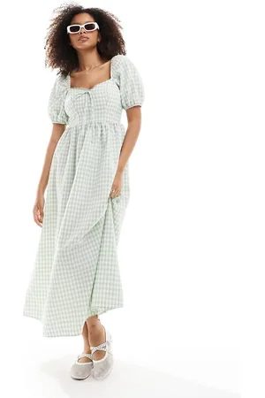 Miss Selfridge Tie front midi dress in matcha gingham