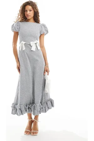 Sister Jane Puff sleeve gingham midaxi dress with detachable bows in black