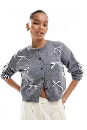 Pieces® Ribbon bow cardigan in medium melange