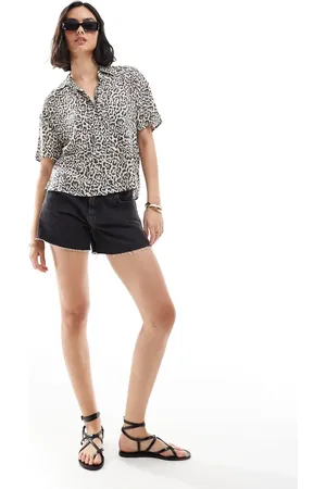 Stradivarius Linen look short sleeve boxy shirt in leopard print