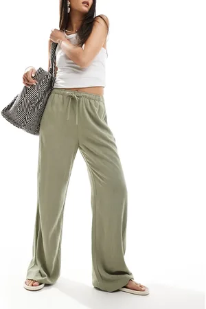 Stradivarius Linen look pull on trouser in khaki