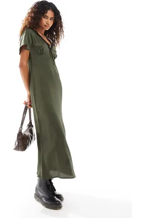 Reclaimed Midi tea dress with lace trim in khaki