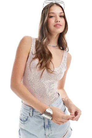 Miss Selfridge Sparkly scoop neck bodysuit in rose