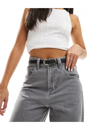 Pieces® Leather look gold double buckle belt in