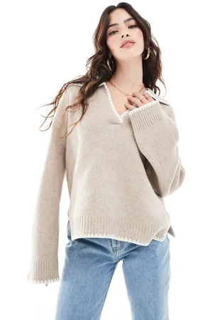 VILA V neck open collar jumper with contrast stitch in beige