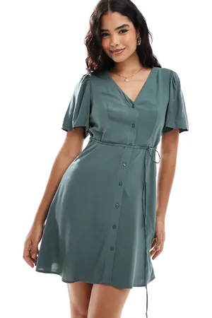 VERO MODA Button through mini skater dress in khaki