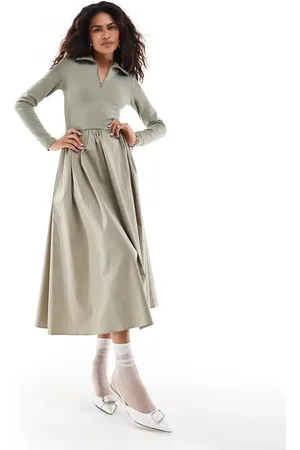 Urban Revivo Half zip collar detail midaxi dress in taupe