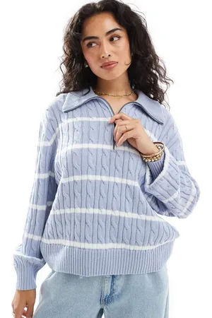 Hollister Collared half zip jumper in blue and stripe