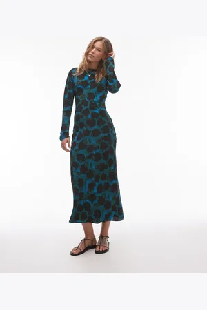 Topshop Long sleeve slash neck maxi dress in blurred print