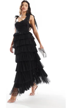 Lace & Beads Bow shoulder tulle maxi dress in