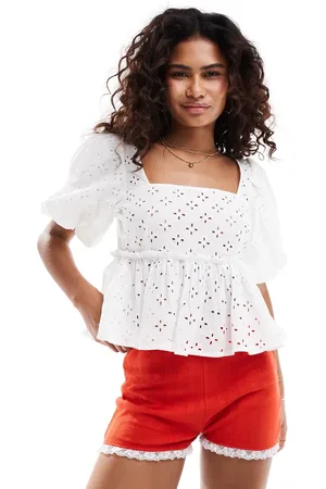 Monki Puff short sleeve sqaure neck broderie anglaise top in