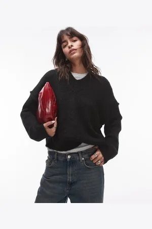 Topshop Knitted high v-neck fluffy jumper in