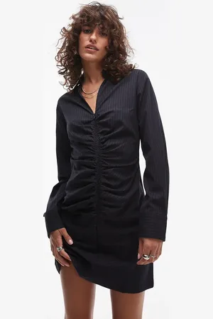 MANGO Ruched side pinstripe zip down mini dress in