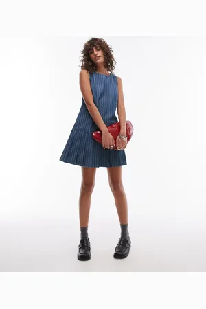 Topshop Denim mini pleated drop hem dress in stripe