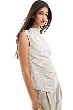 ASOS Drape high neck asymmetric linen top in natural stripe