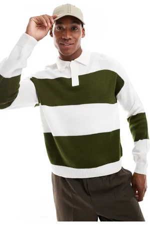 ASOS Knitted boxy relaxed fit rugby striped jumper in khaki and white
