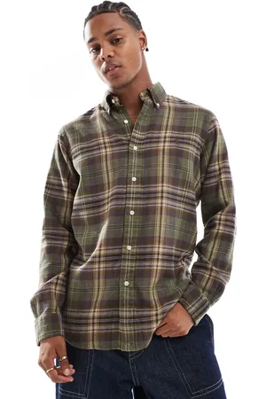Ralph Lauren Icon logo check brushed flannel shirt in olive /brown