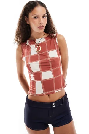 Reclaimed Slash neck vest in checkerboard print in burgundy