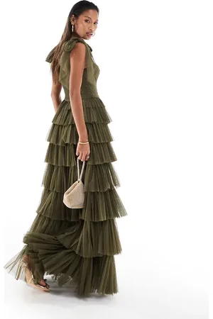 Lace & Beads Bow shoulder tiered tulle maxi dress in deep olive