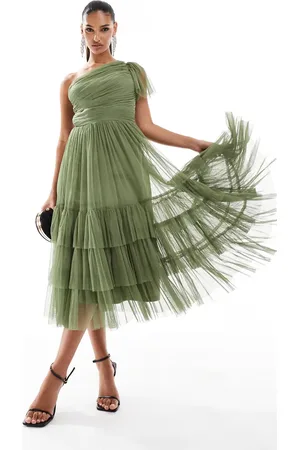 Lace & Beads Bridesmaid Madison one shoulder tulle midi dress in soft olive