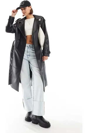 Pull&Bear Belted faux leather trench coat in