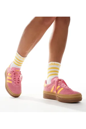 adidas Gazelle Bold trainers in pink and yellow with gum sole