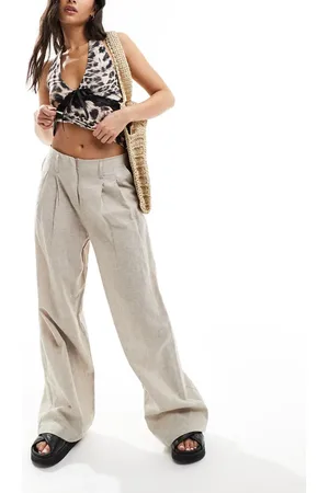 Monki Linen tailored wide leg trousers in beige