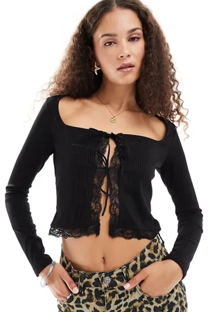 COLLUSION Tie front long sleeve lace trim rib top in black