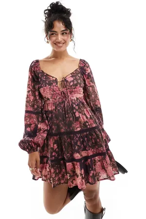 Miss Selfridge Cotton lace insert tiered mini dress in patchwork floral