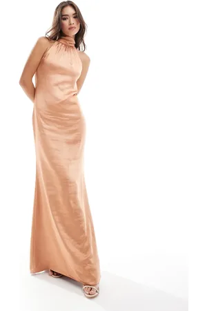 Pretty Lavish Bridesmaid Odelle high neck satin maxi dress in cinnamon