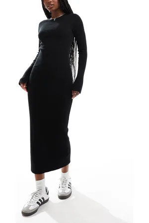 ASOS Knitted crew neck midaxi dress with tie cuff detail in