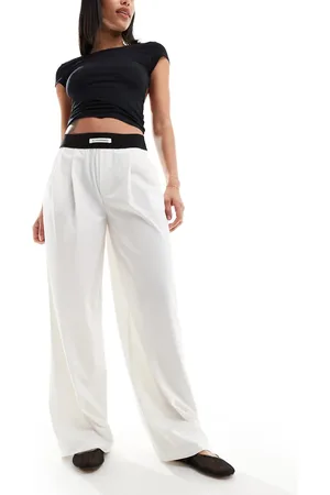 Bershka Deep waistband wide leg trousers in light
