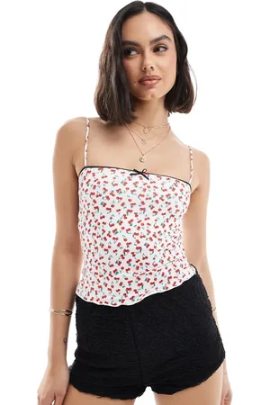 Bershka Strappy straight neck cami top in cherry print