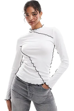 Pieces® Long sleeved top with contrast lettuce edge detailing in