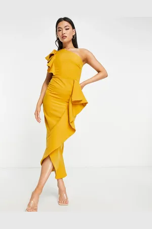 True Violet Frill bodycon midi dress in ochre