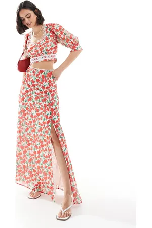HOPE & IVY Maxi skirt with thigh split in cherry print co-ord