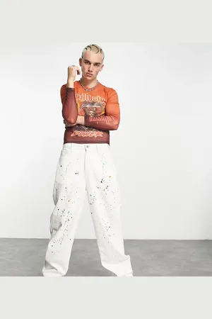 COLLUSION Paint splatter baggy jeans in white - STONE