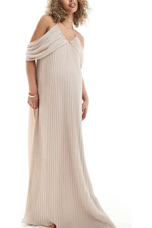 TFNC TFNC Bridesmaids Maternity cold shoulder chiffon pleated maxi dress in ecru