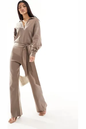 Pretty Lavish Tie waist knitted wide leg jumpsuit in taupe